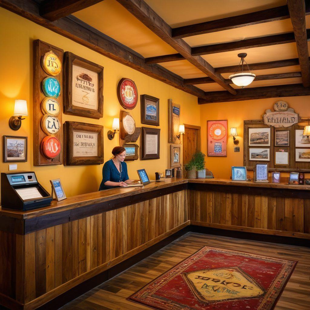 A cozy, inviting budget hotel lobby with colorful, quirky decor and a rustic charm, featuring a welcoming receptionist and travelers checking in. There are unique inns displayed in the background with signs showcasing their distinctive themes. Soft lighting enhances the warm atmosphere, while framed travel photos adorn the walls, emphasizing exploration. The overall scene conveys budget-friendly yet memorable experiences. vibrant colors. super-realistic.