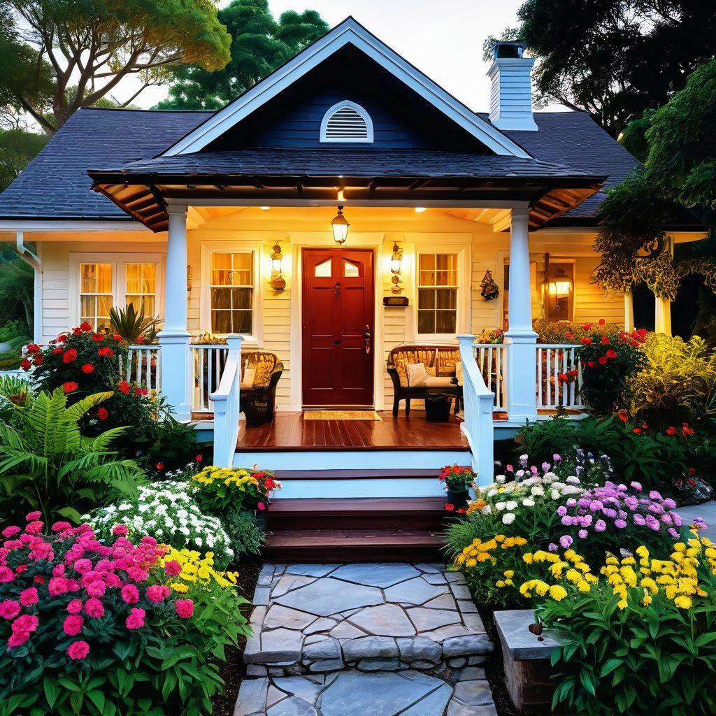 A cozy, inviting guesthouse nestled among lush greenery, with a charming porch and warm lights glowing in the windows. Vibrant flowers line the path leading to the entrance, while a diverse group of happy travelers of various backgrounds engage in conversation. The sun sets in the background, casting a golden hue over the scene, highlighting the welcoming atmosphere. super-realistic. vibrant colors. warm lighting.